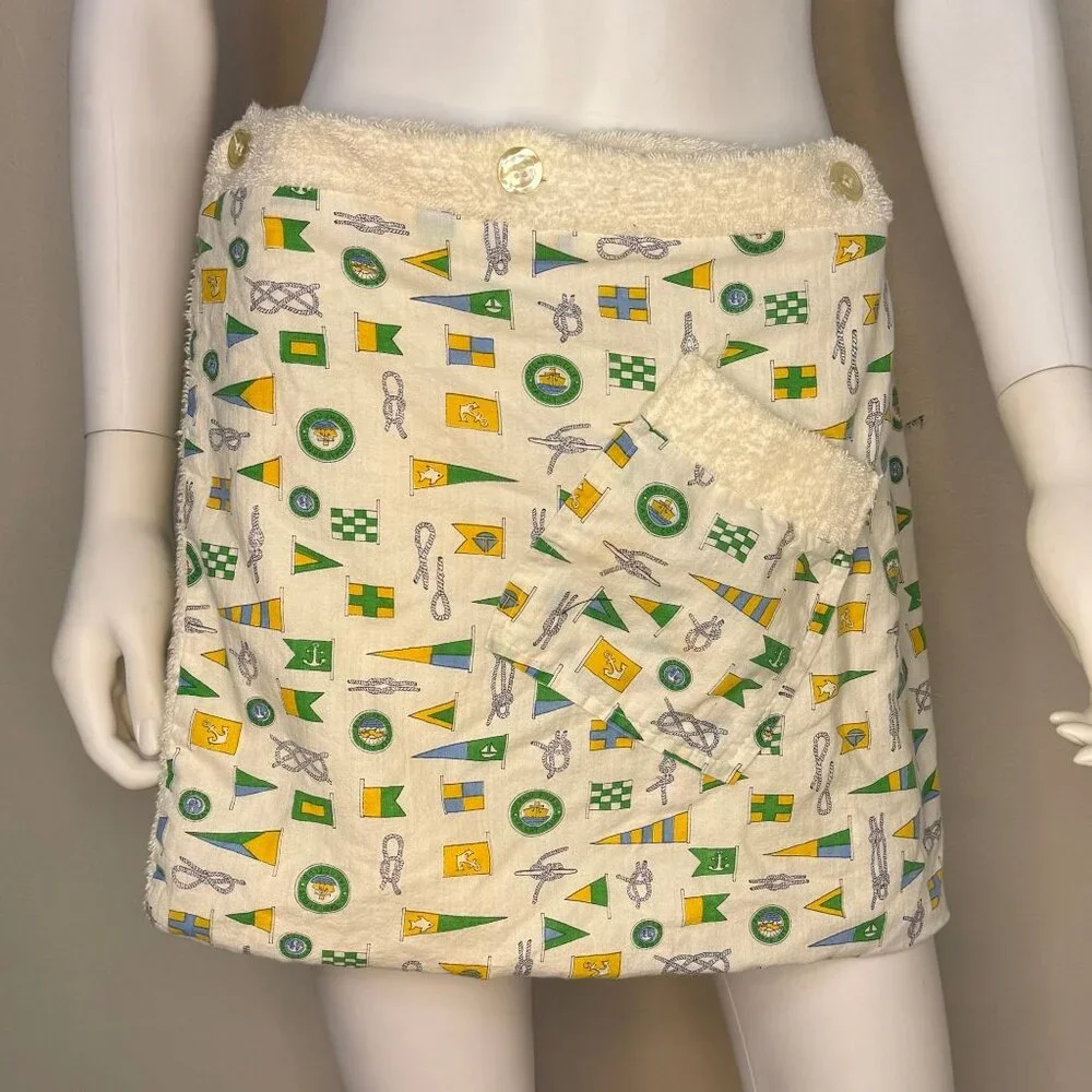 Vintage 1960s Pleetway Towel Lined Beach Kilt, Nautical Print, Swimsuit Cover Up